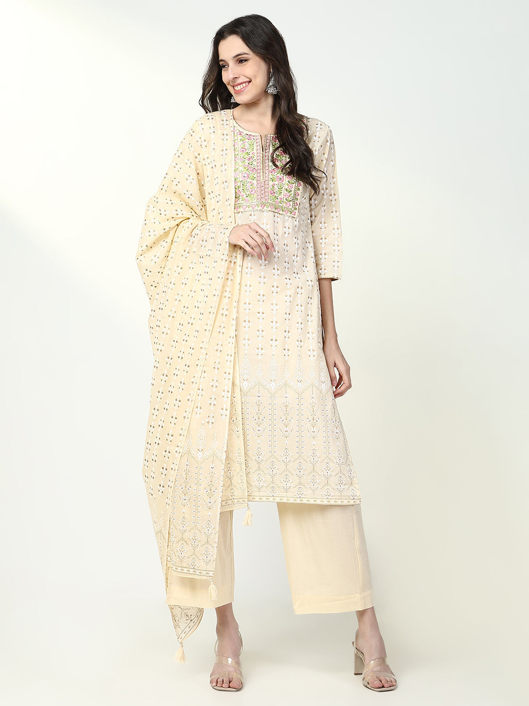 Women's Floral Printed Cream Straight Kurta Set with Dupatta