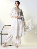 Women's Floral Prints Off White Straight Kurta Set with Dupatta