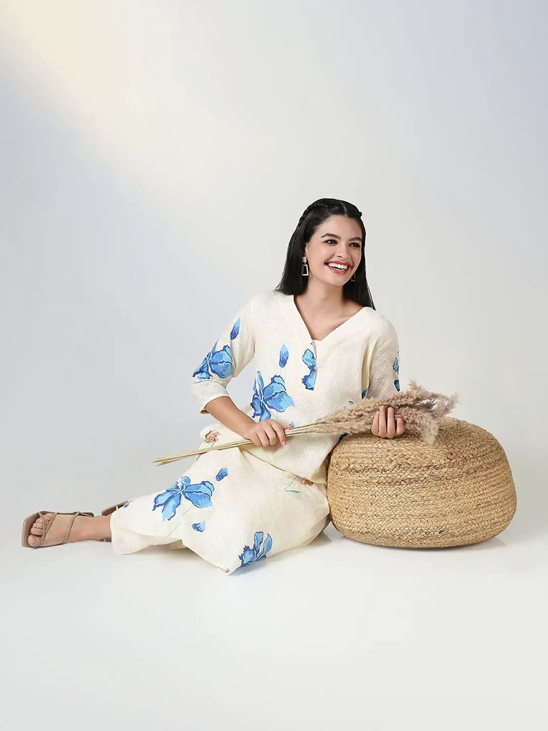 Women's Cream Floral A Line Kurta Set