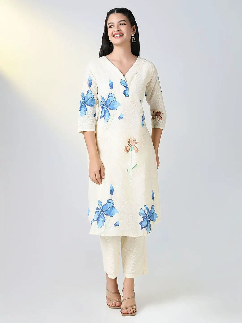 Women's Cream Floral A Line Kurta Set