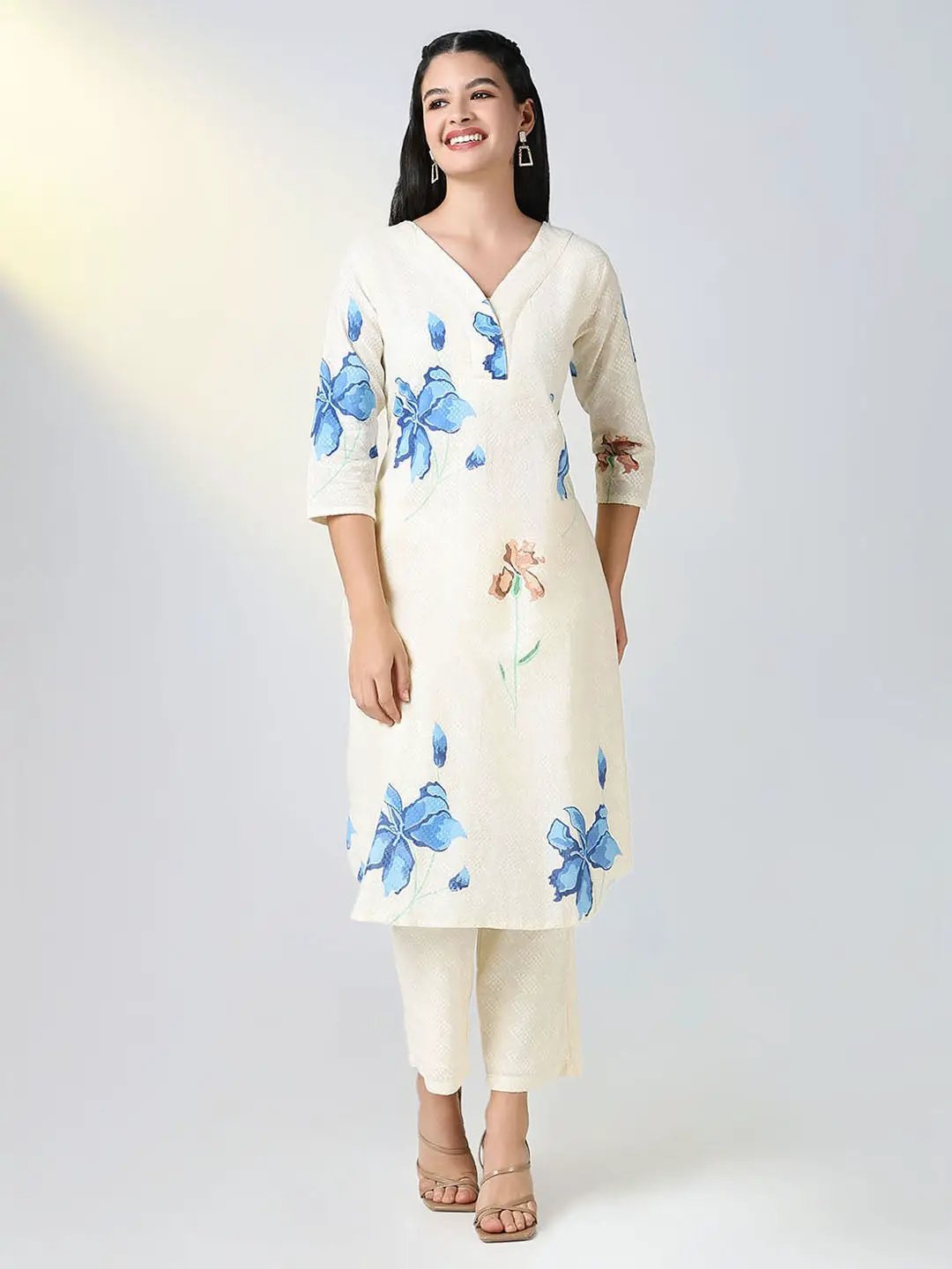 Women's Cream Floral A Line Kurta Set