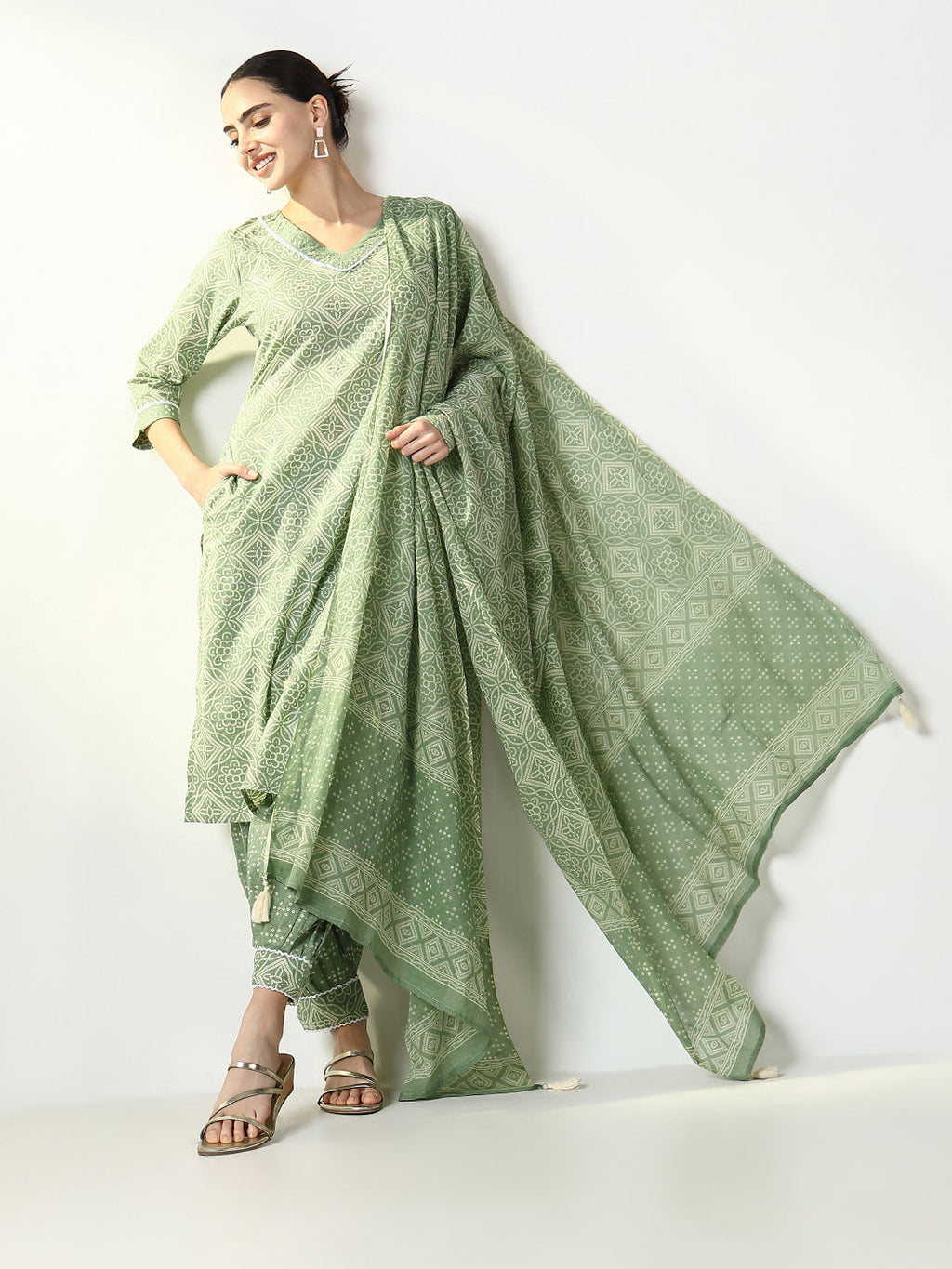 Women's Graphic Green Straight Kurta Set with Dupatta