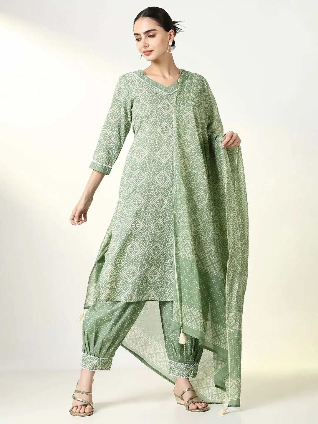 Women's Graphic Green Straight Kurta Set with Dupatta