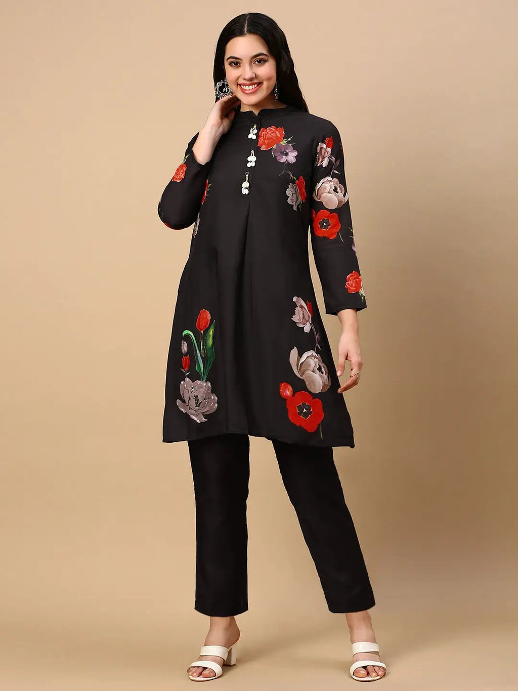 Women's Floral Black A Line Kurta Set