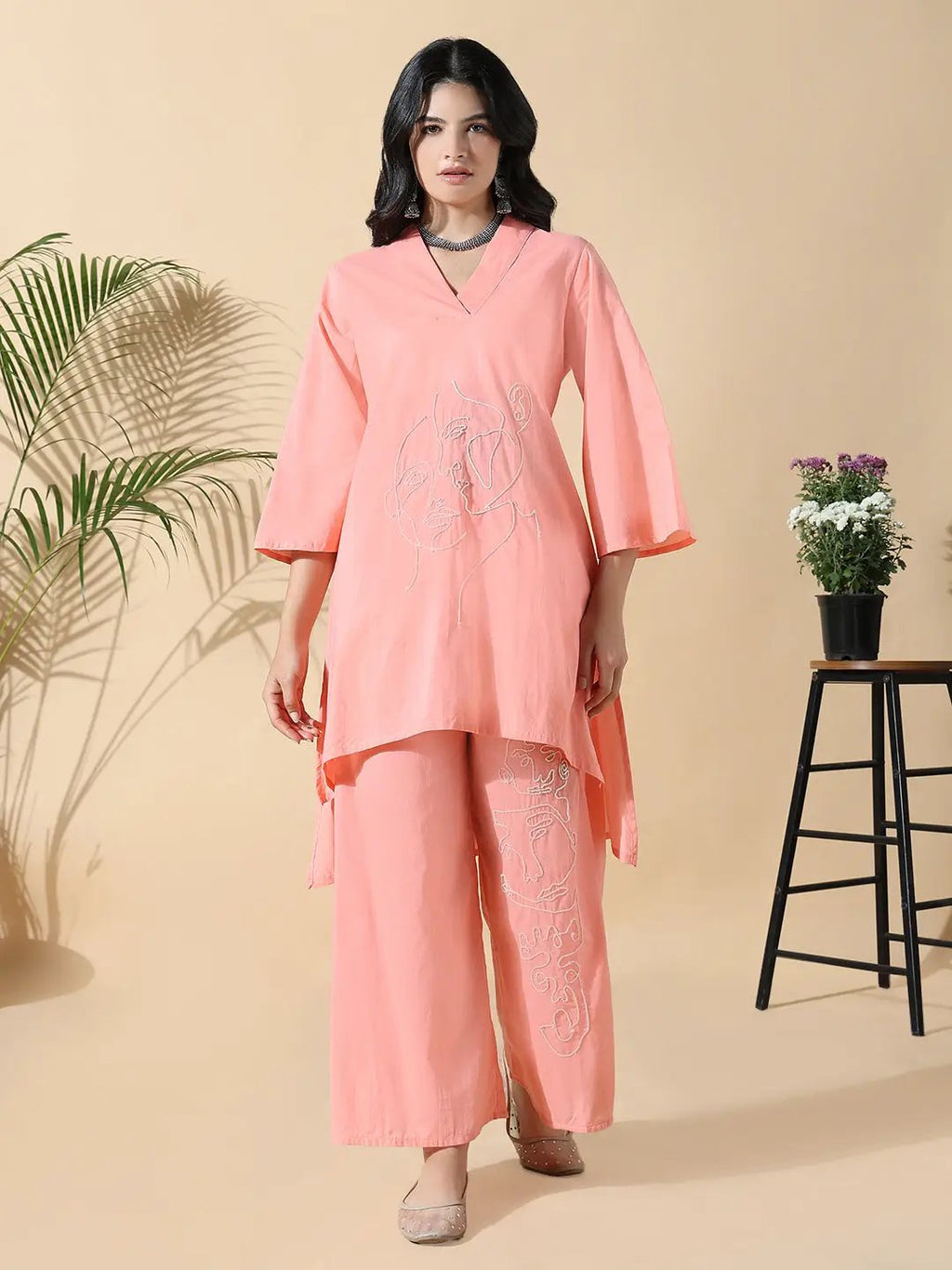 Women's Abstract A-Line Thread Work Peach Kurta with Palazzos