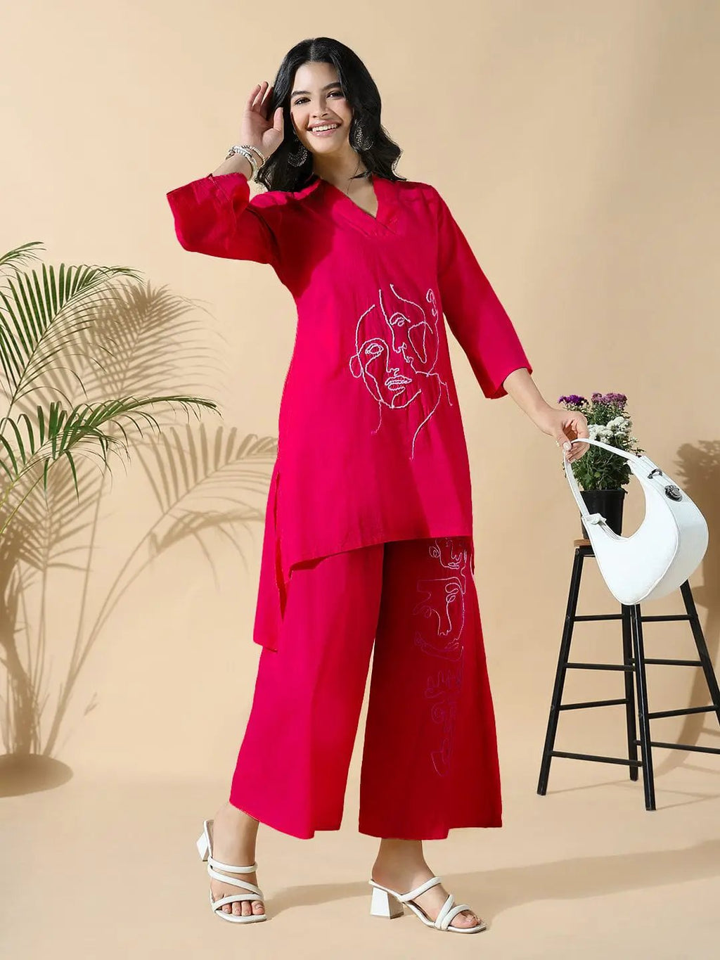 Women's Embroidered Pink A-Line Kurta with Palazzos