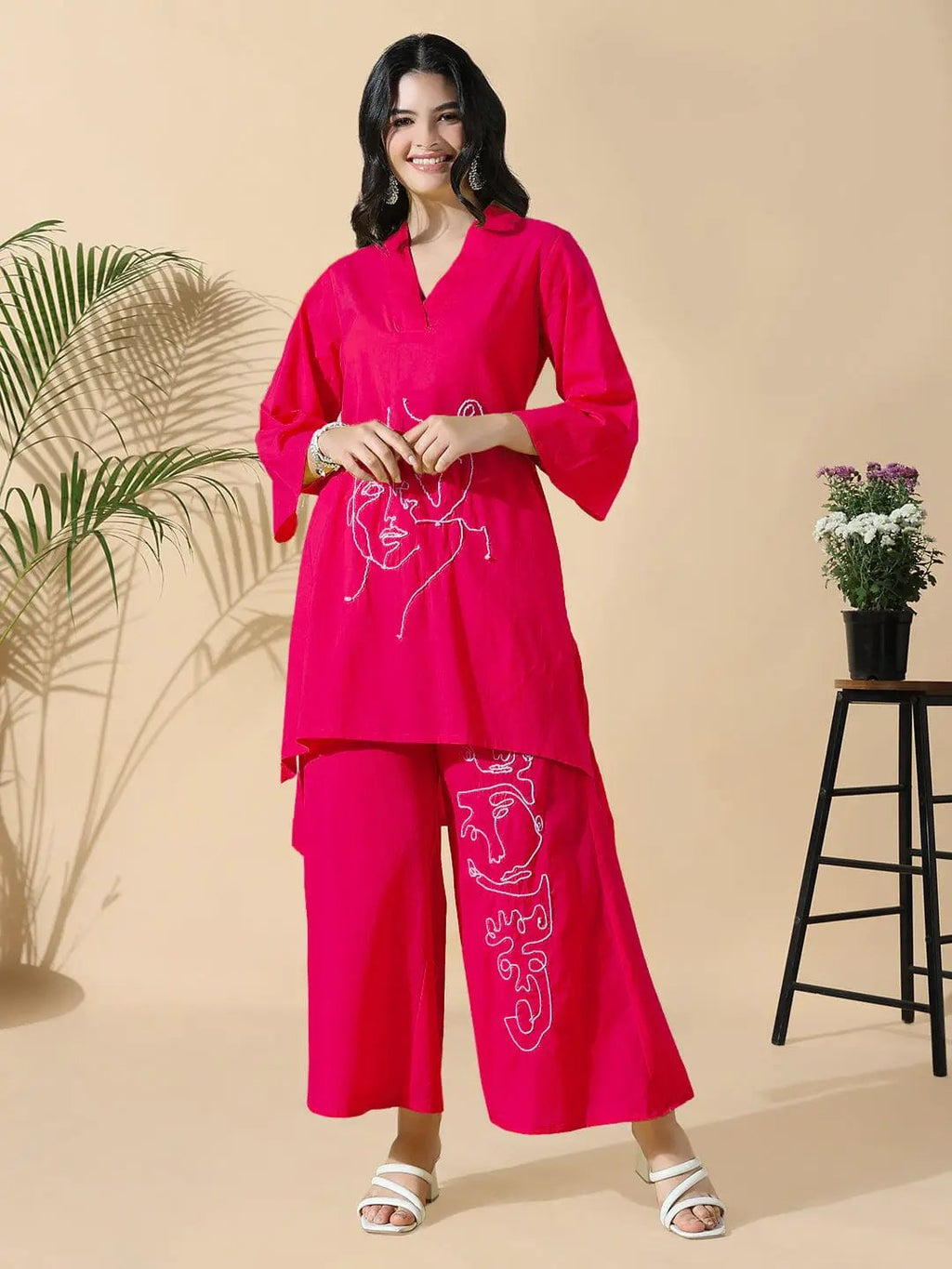 Women's Embroidered Pink A-Line Kurta with Palazzos