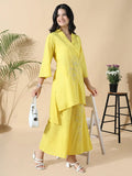Women's Abstract A-Line Thread Work Yellow Kurta with Palazzos