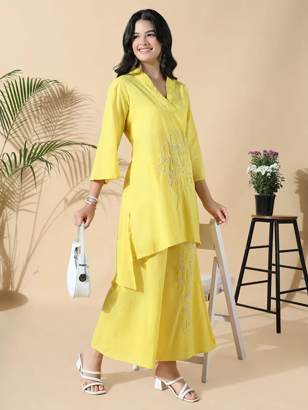 Women's Abstract A-Line Thread Work Yellow Kurta with Palazzos