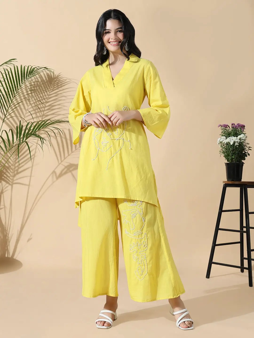Women's Abstract A-Line Thread Work Yellow Kurta with Palazzos