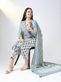 Women's Blue Block Print A Line Kurta Set with Dupatta