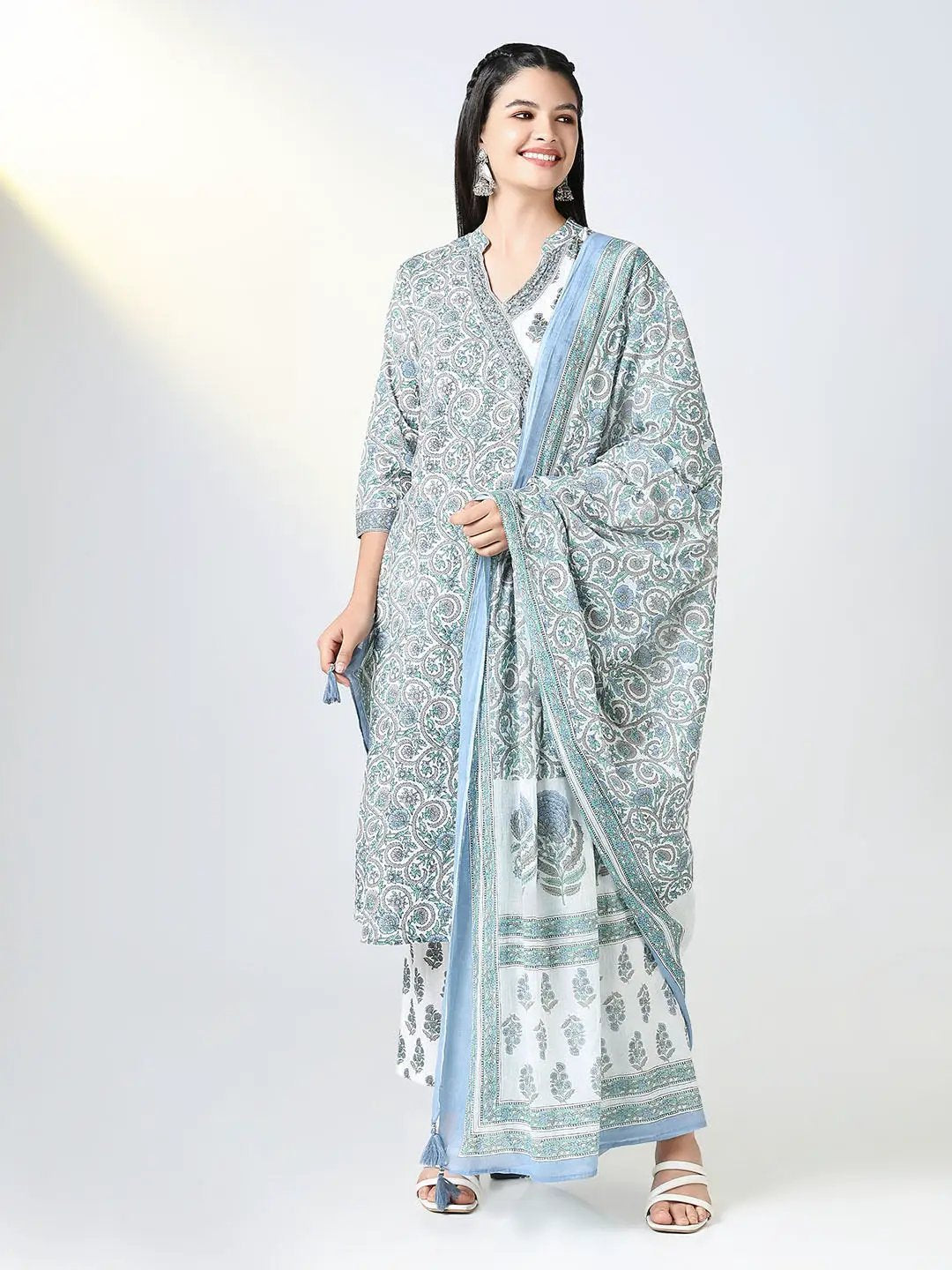 Women's Blue Block Print A Line Kurta Set with Dupatta