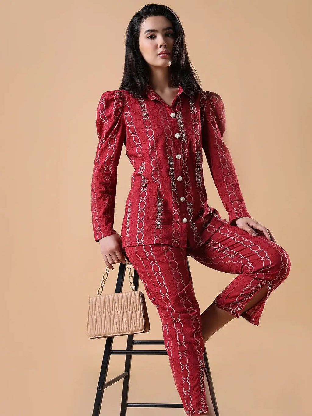 Women's Cotton Red Embroidered Full Sleeve Co-ords Set