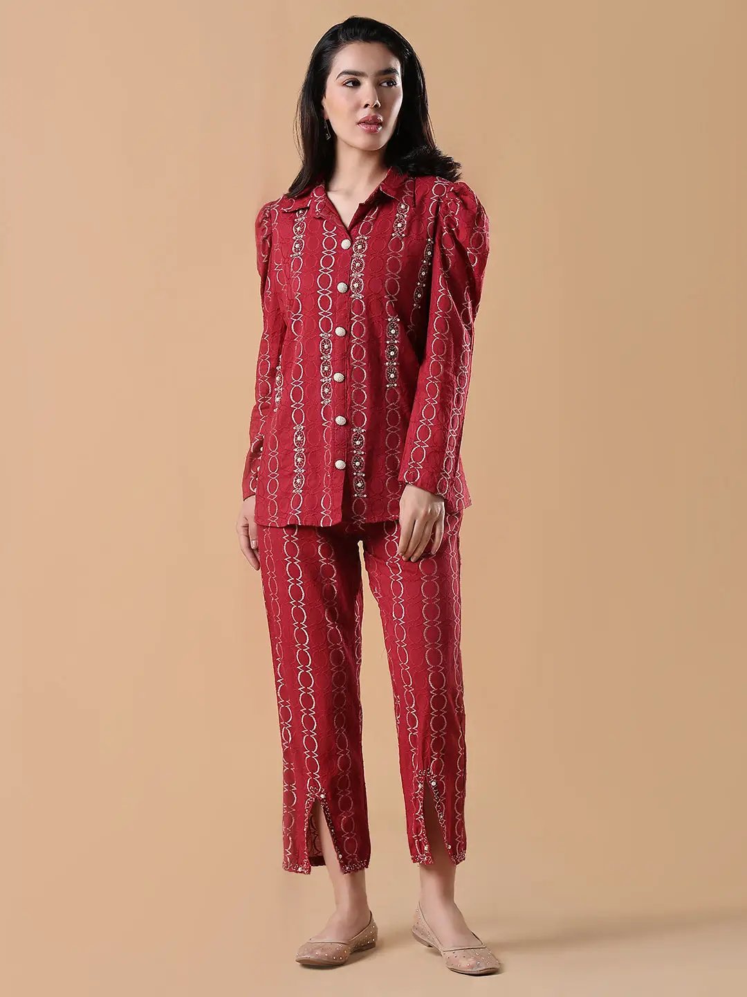 Women's Cotton Red Embroidered Full Sleeve Co-ords Set