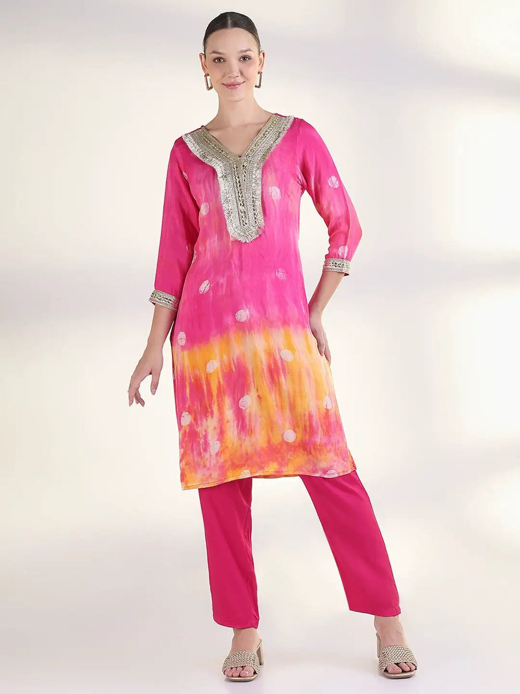 Women's Tie and Dye Pink Gota Patti Straight Kurta Set