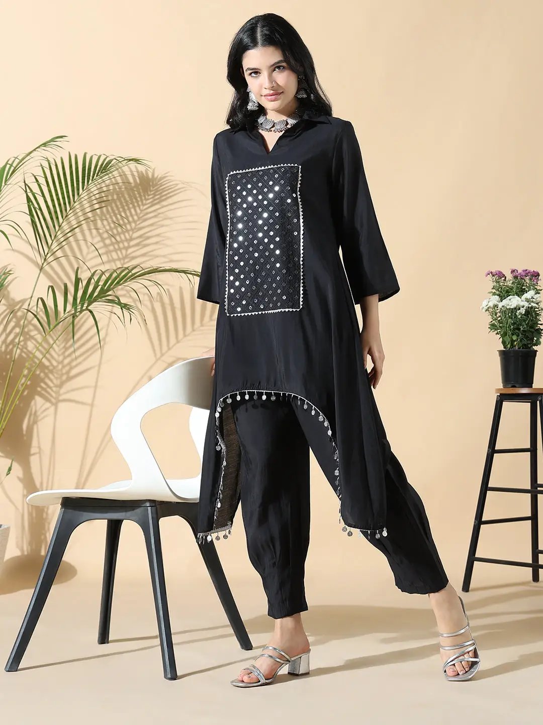 Women's Solid Asymmetric Black Kurta Set