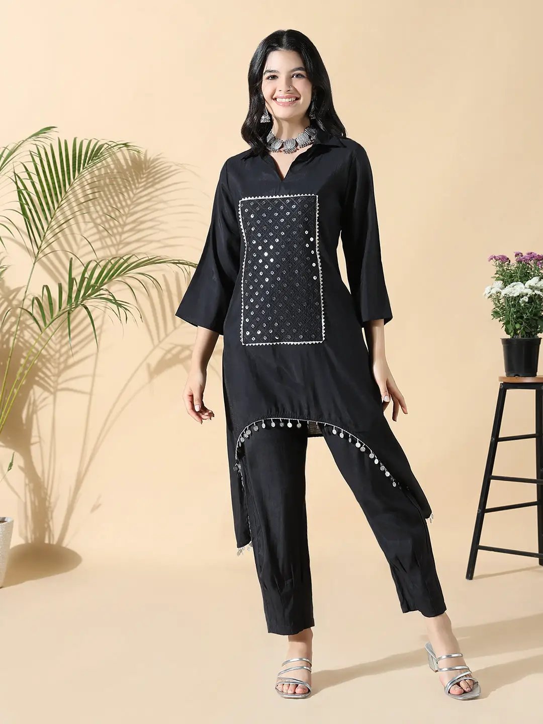 Women's Solid Asymmetric Black Kurta Set