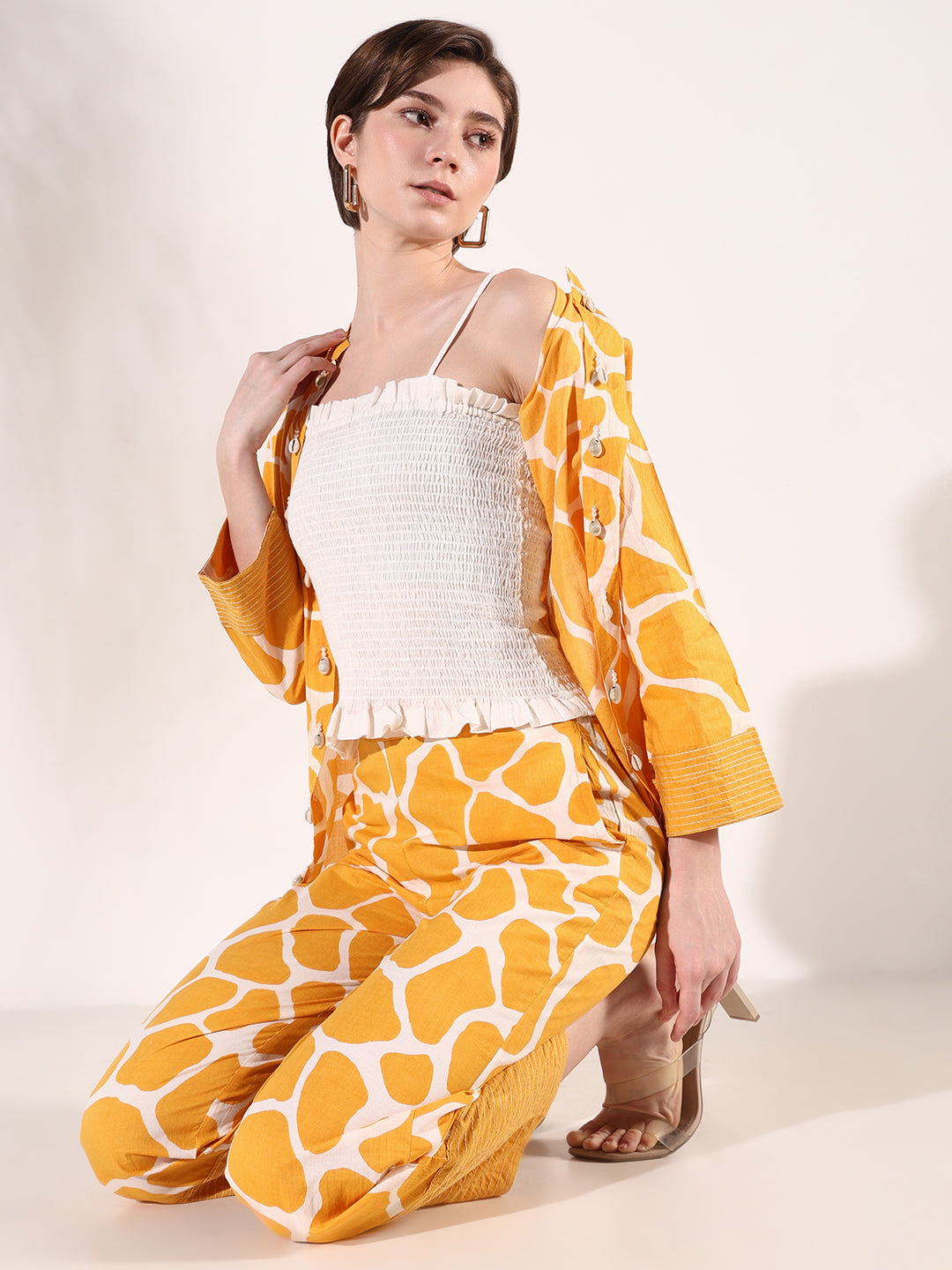 Women's Solid Mustard Co-Ords Set with Coat