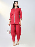 Women's Red Solid Tunic Kurta Set with White Embroidery