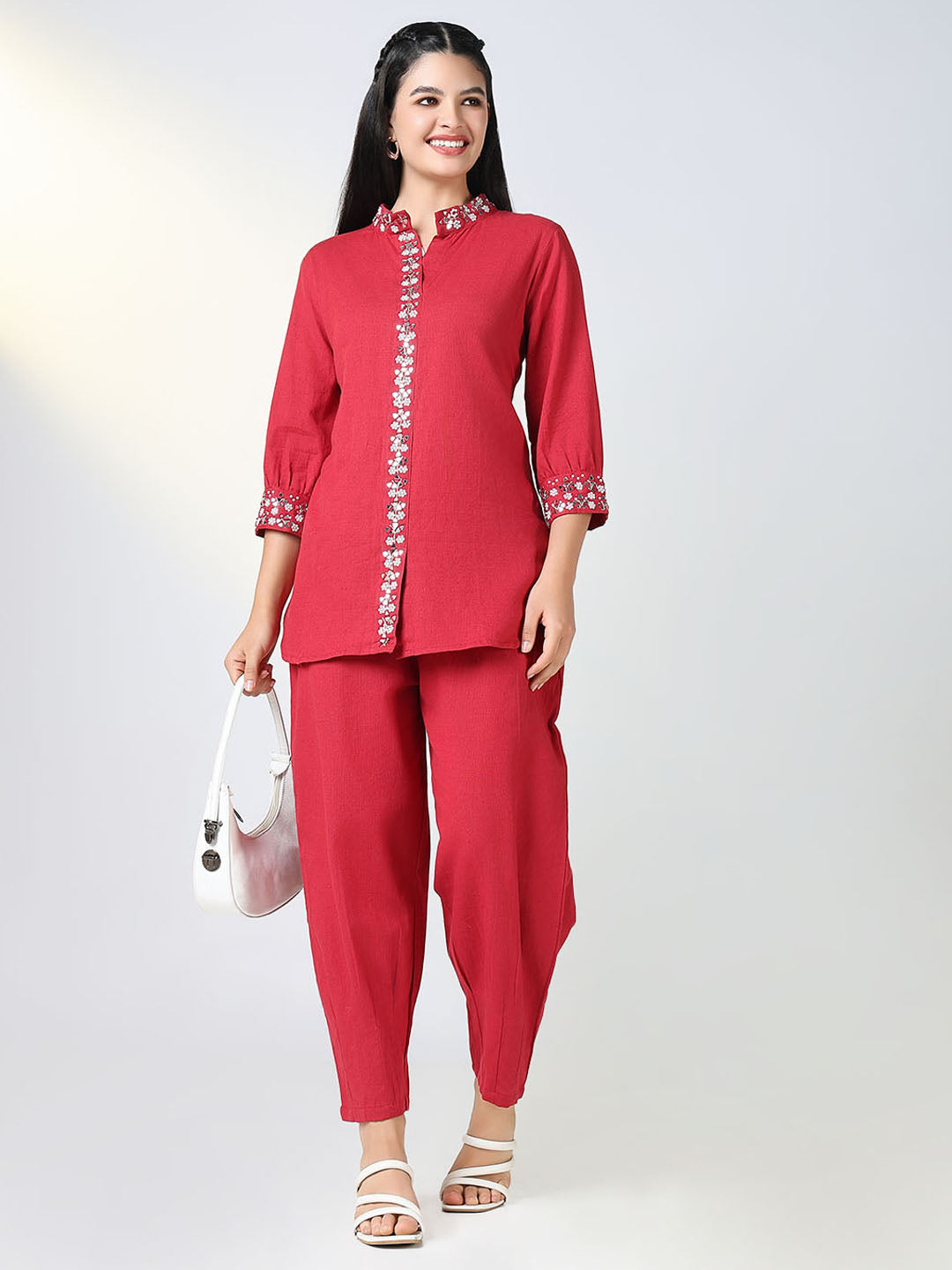 Women's Red Solid Tunic Kurta Set with White Embroidery