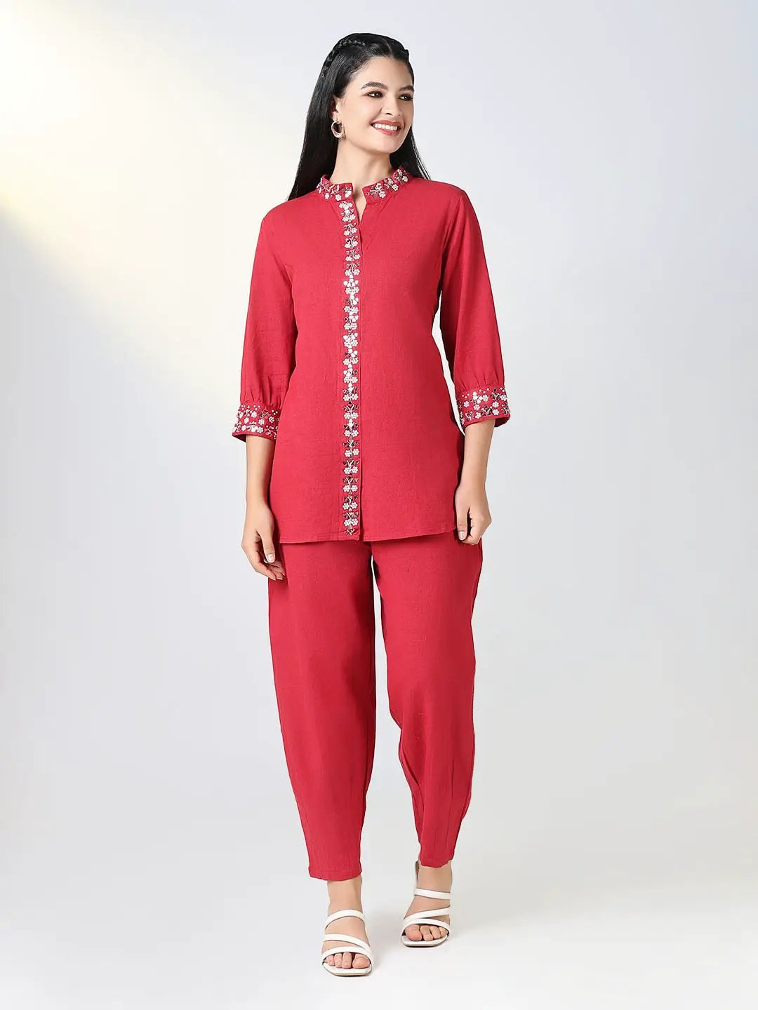 Women's Red Solid Tunic Kurta Set with White Embroidery