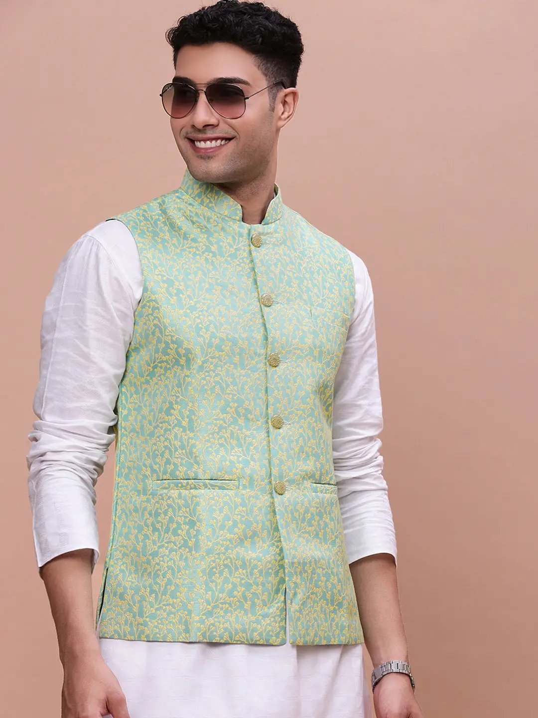Men's Green Woven Design Slim Fit Nehru Jackets
