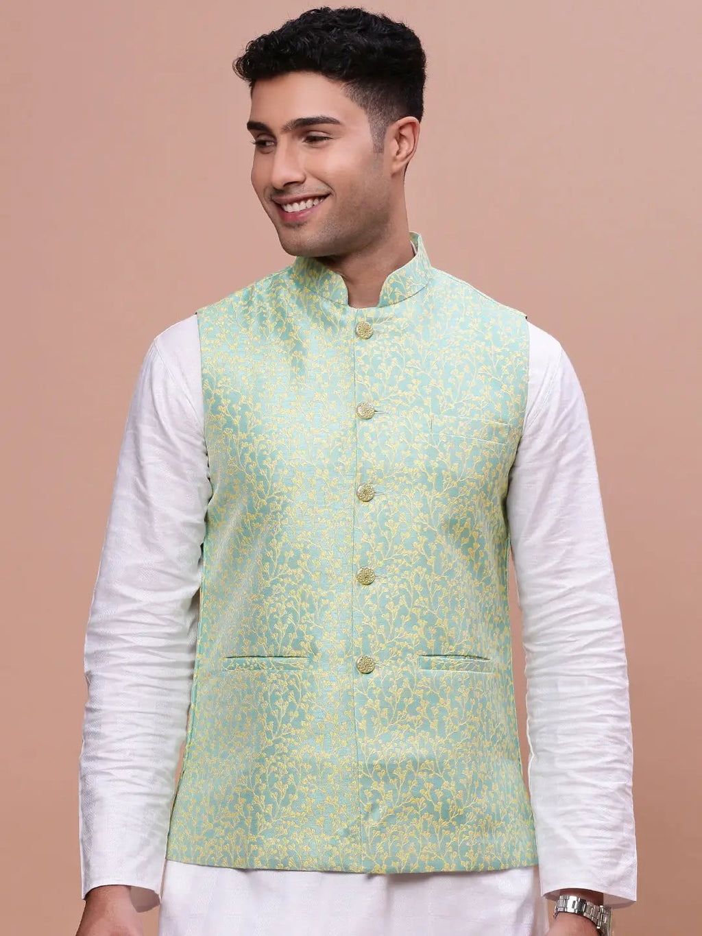 Men's Green Woven Design Slim Fit Nehru Jackets