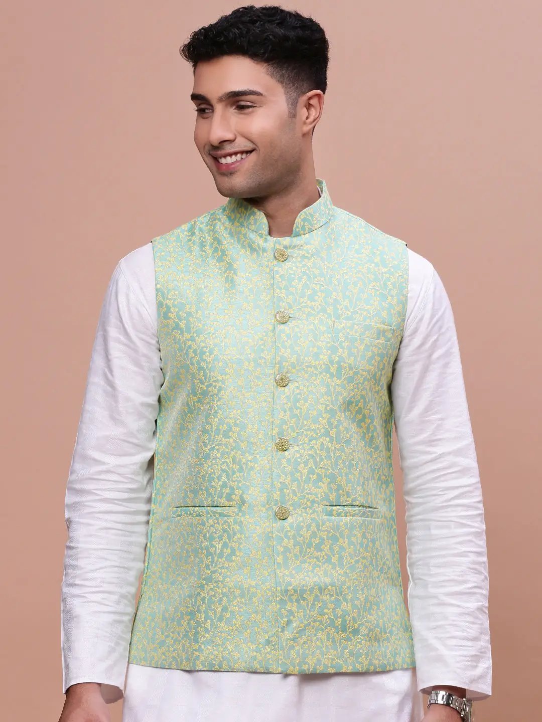 Men's Green Woven Design Slim Fit Nehru Jackets