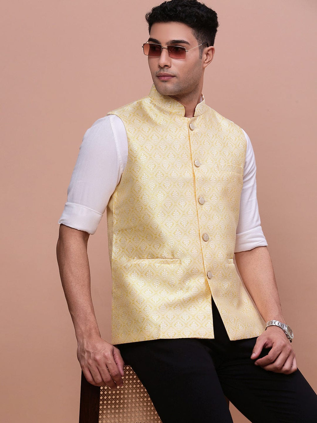 Men's Yellow Woven-Design Slim-Fit Nehru Jacket