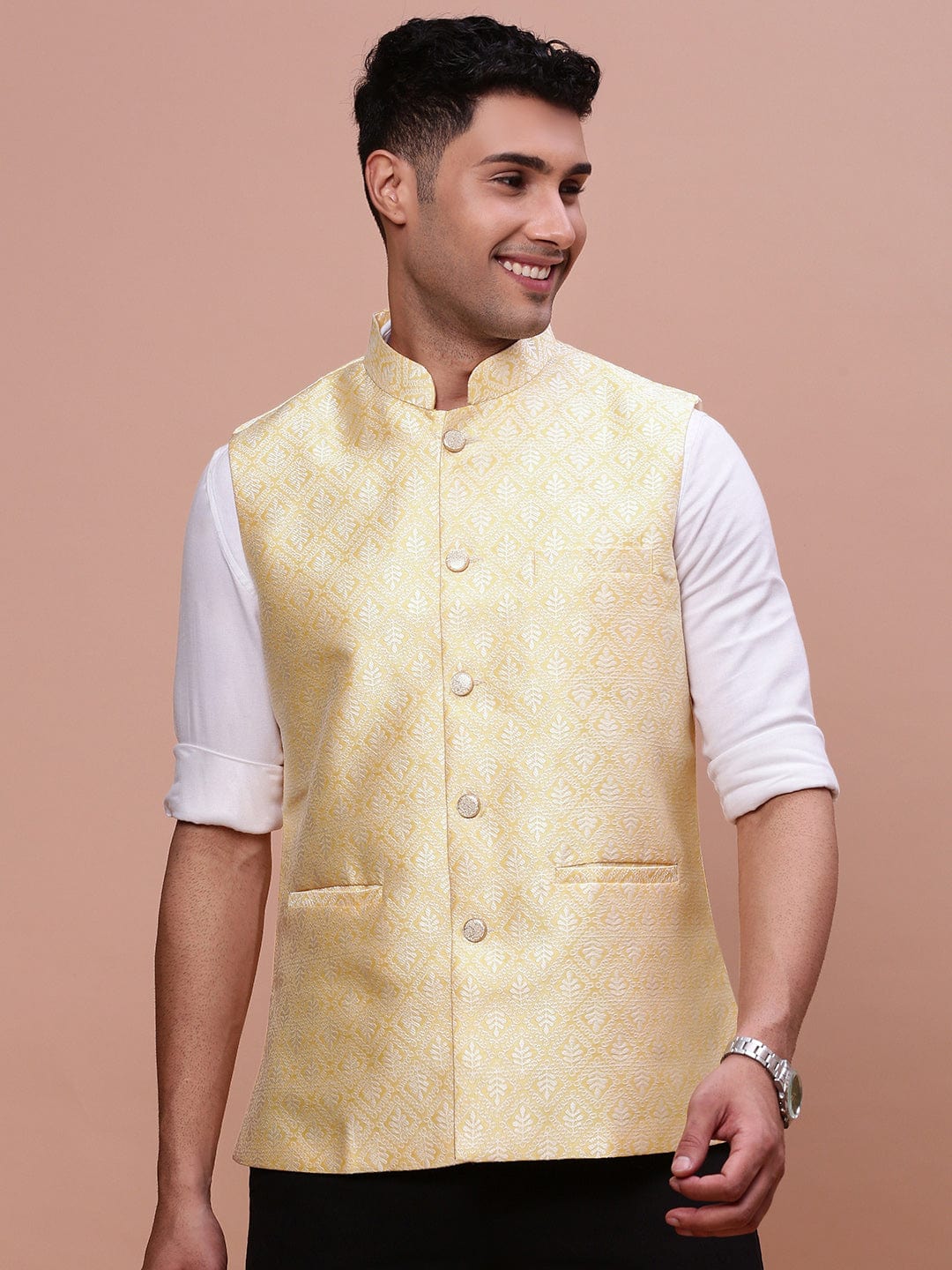 Men's Yellow Woven-Design Slim-Fit Nehru Jacket