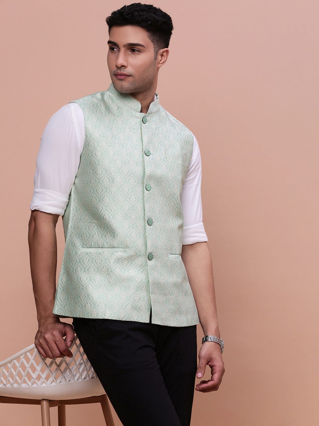 Men's Green Woven-Design Slim-Fit Nehru Jacket