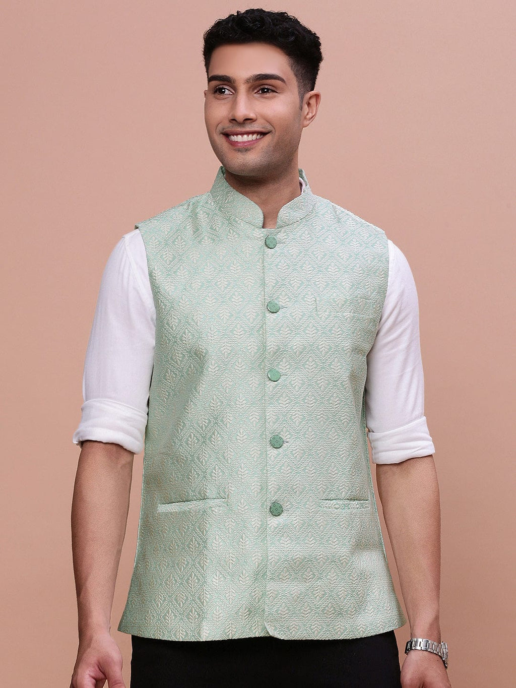 Men's Green Woven-Design Slim-Fit Nehru Jacket