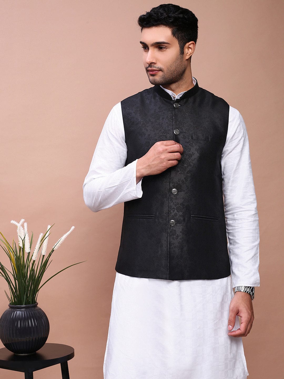 Men's Black Woven Design Slim Fit Nehru Jacket