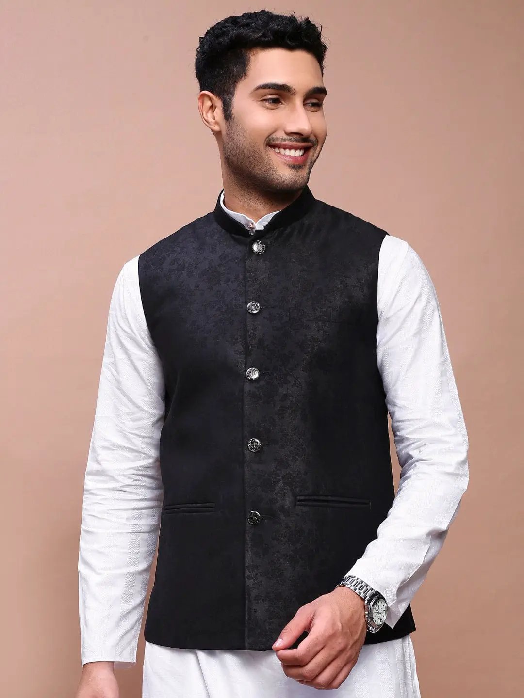 Men's Black Woven Design Slim Fit Nehru Jacket