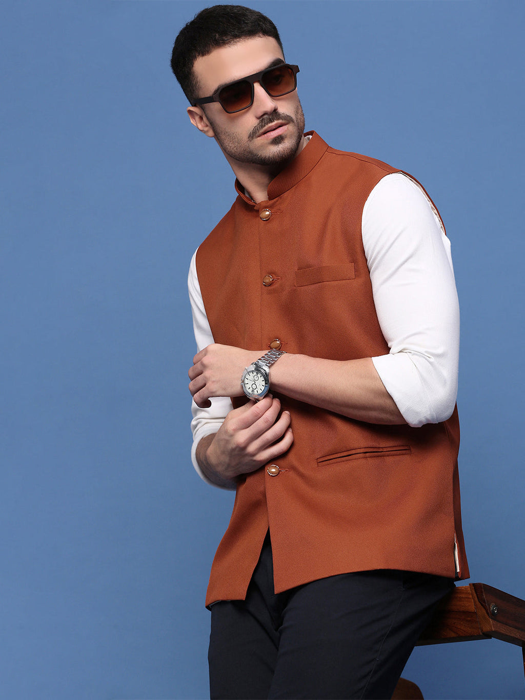 Men's Rust Woven Slim-Fit Nehru Jackets