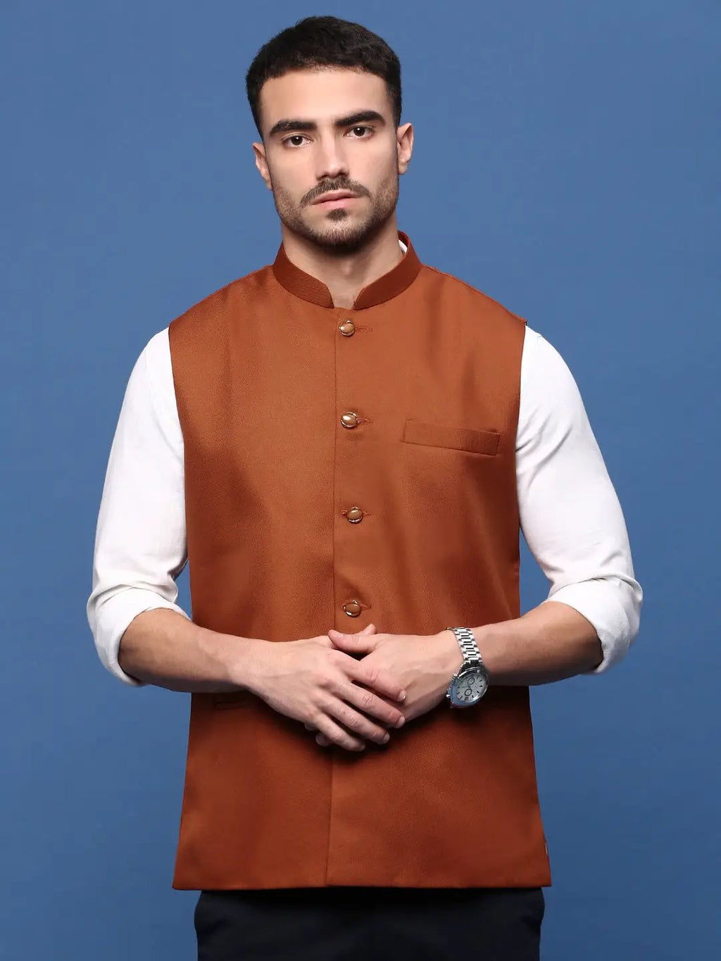Men's Rust Woven Slim-Fit Nehru Jackets