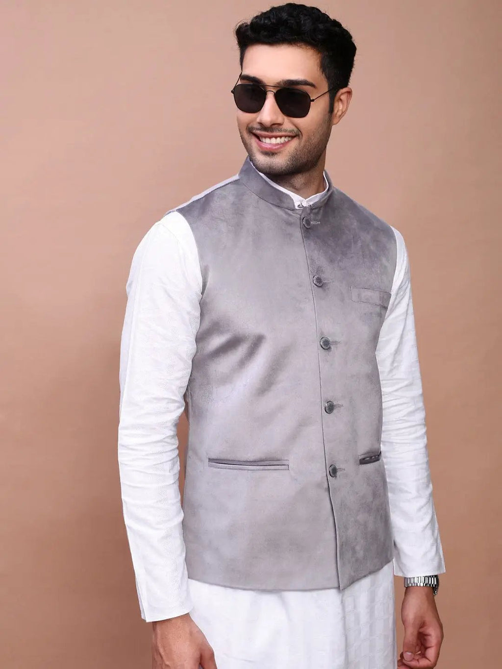 Men's Grey Woven Design Slim Fit Nehru Jackets