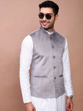 Men's Grey Woven Design Slim Fit Nehru Jackets