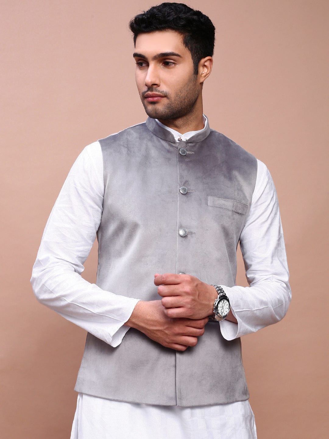 Men's Grey Woven Design Slim Fit Nehru Jackets