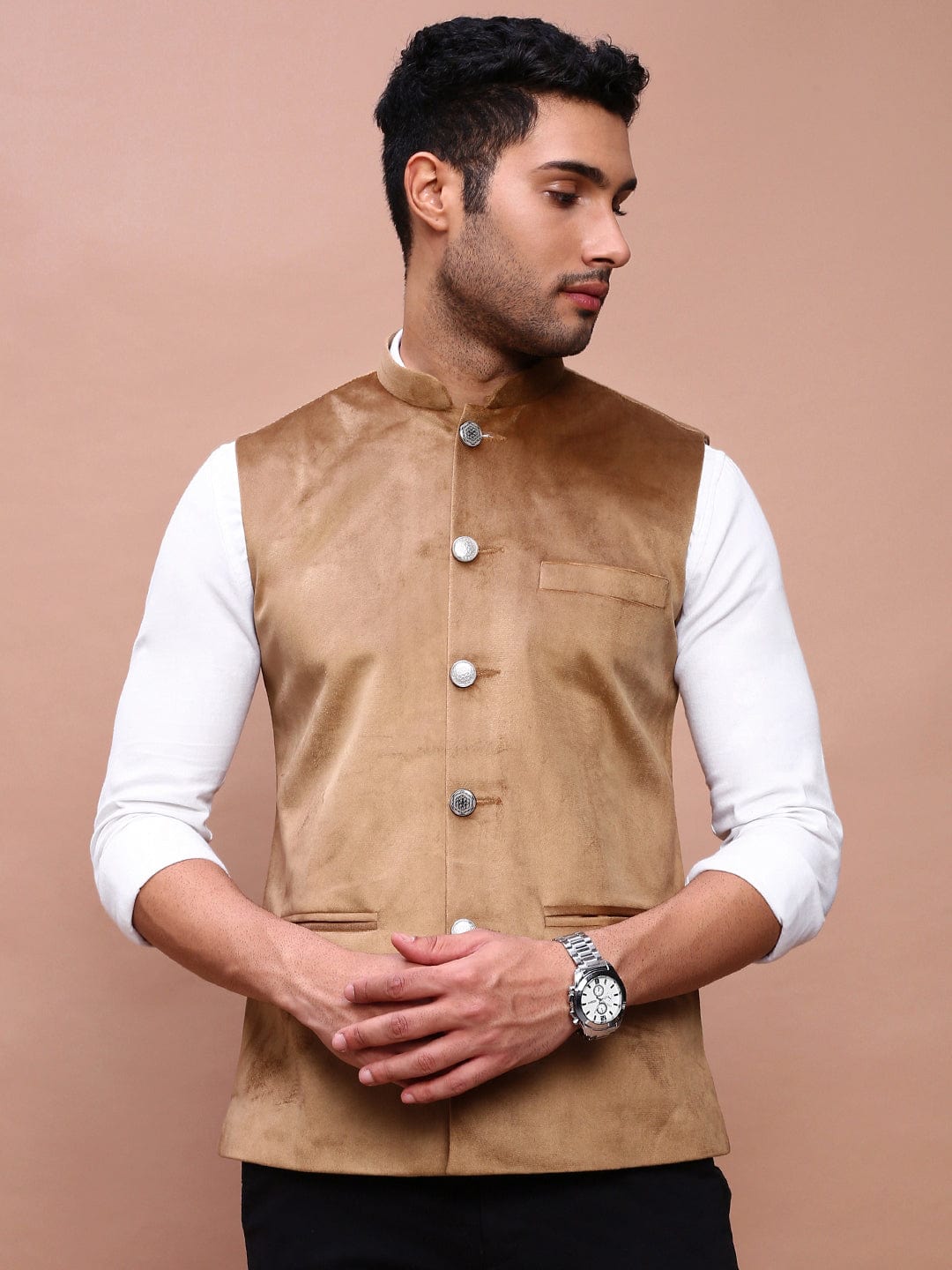 Men's Khaki Slim Fit Woven Nehru Jacket