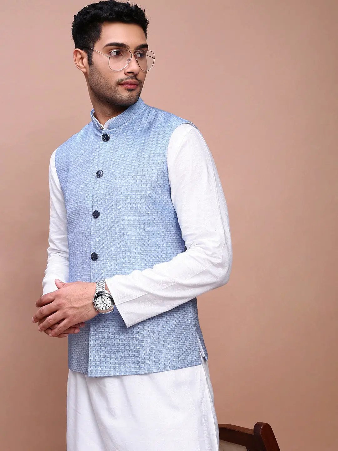 Men's Blue Woven Design Slim Fit Nehru Jackets