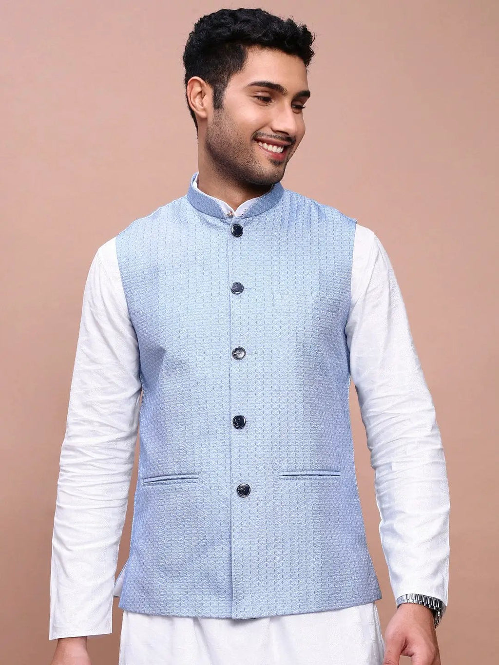 Men's Blue Woven Design Slim Fit Nehru Jackets
