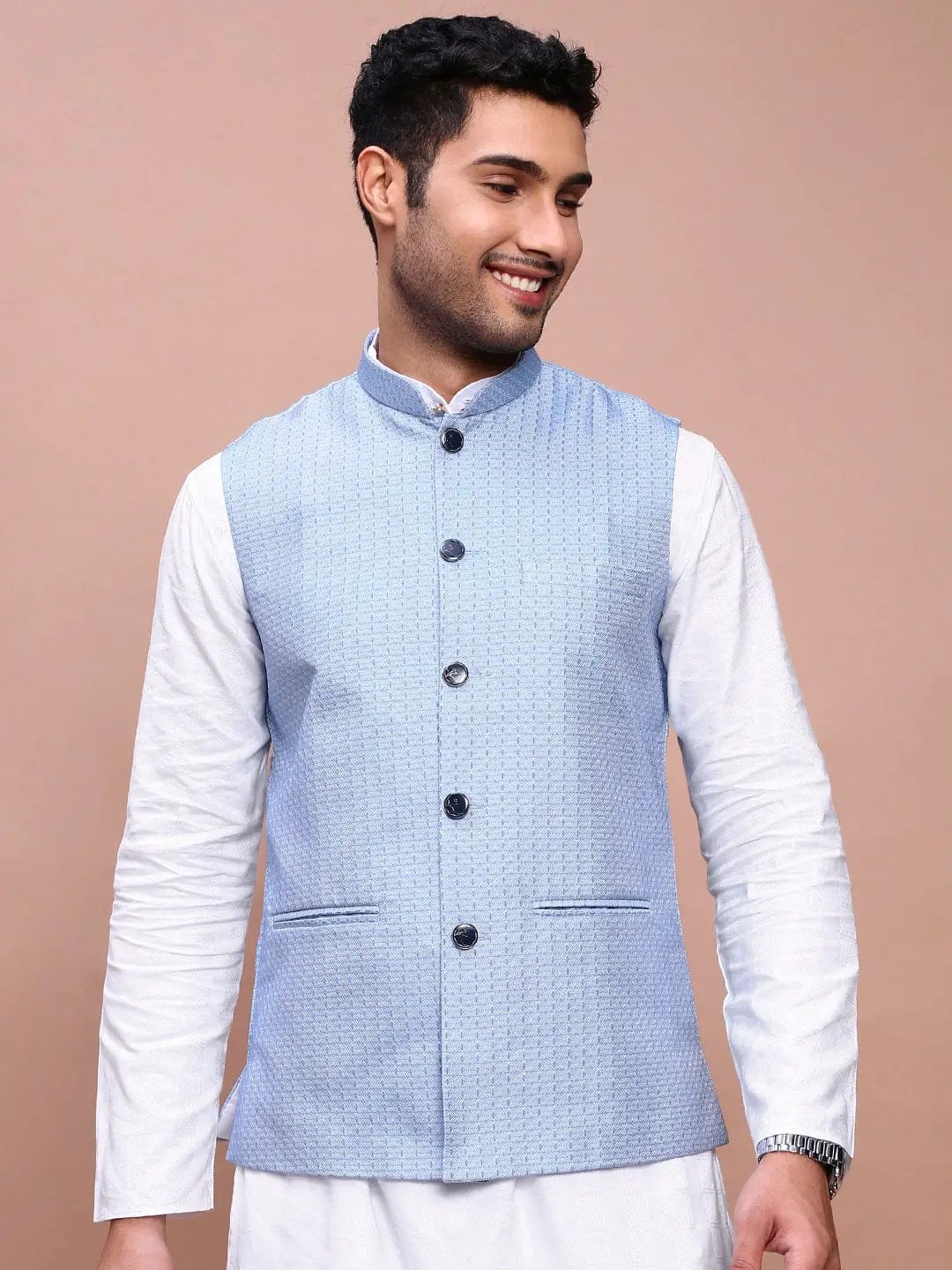 Men's Blue Woven Design Slim Fit Nehru Jackets