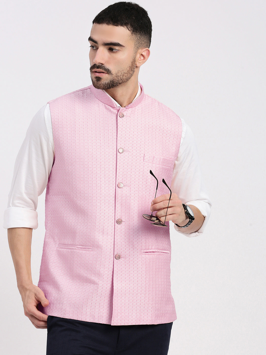 Men's Pink Woven Design Slim Fit Nehru Jacket