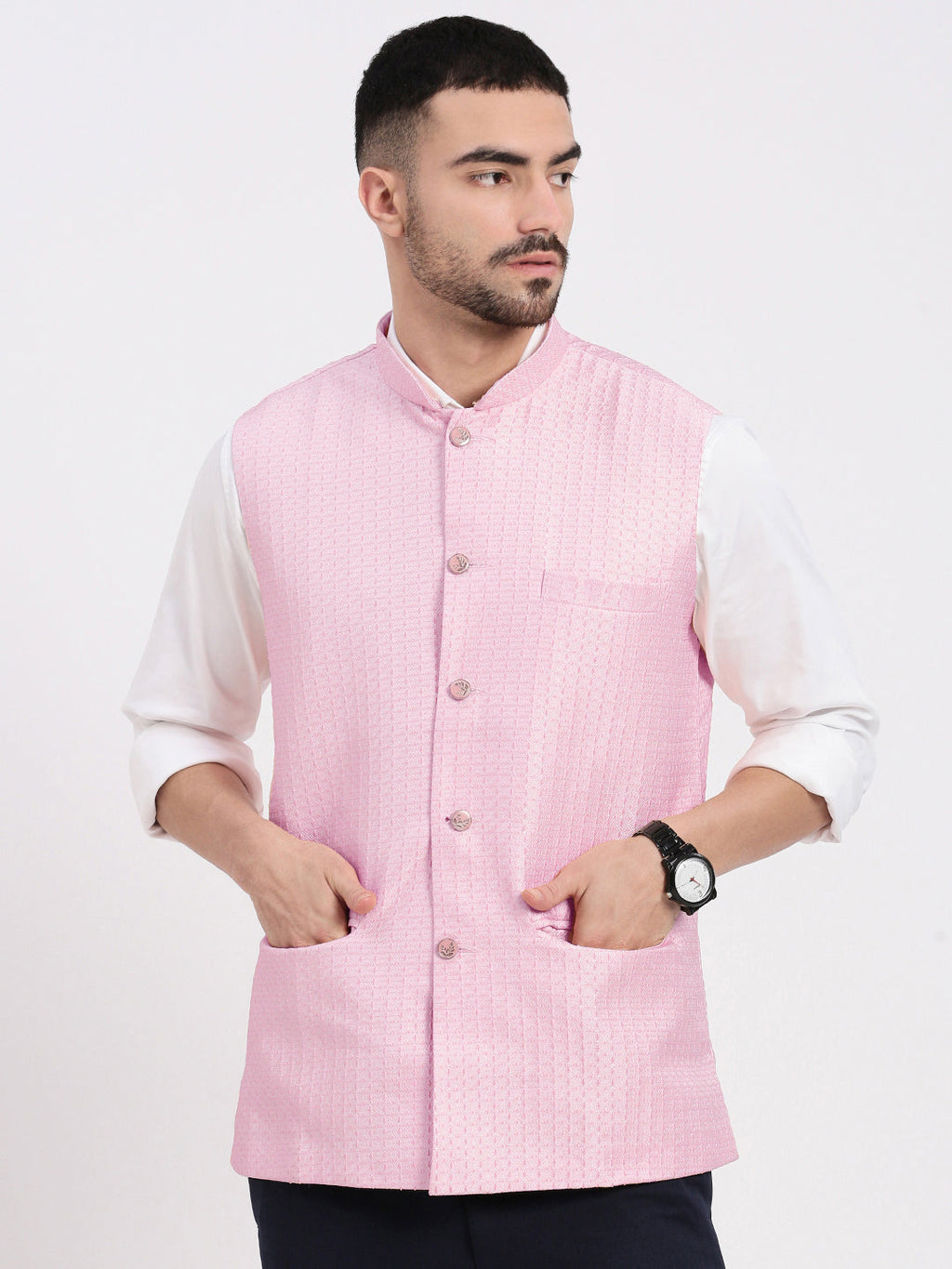 Men's Pink Woven Design Slim Fit Nehru Jacket