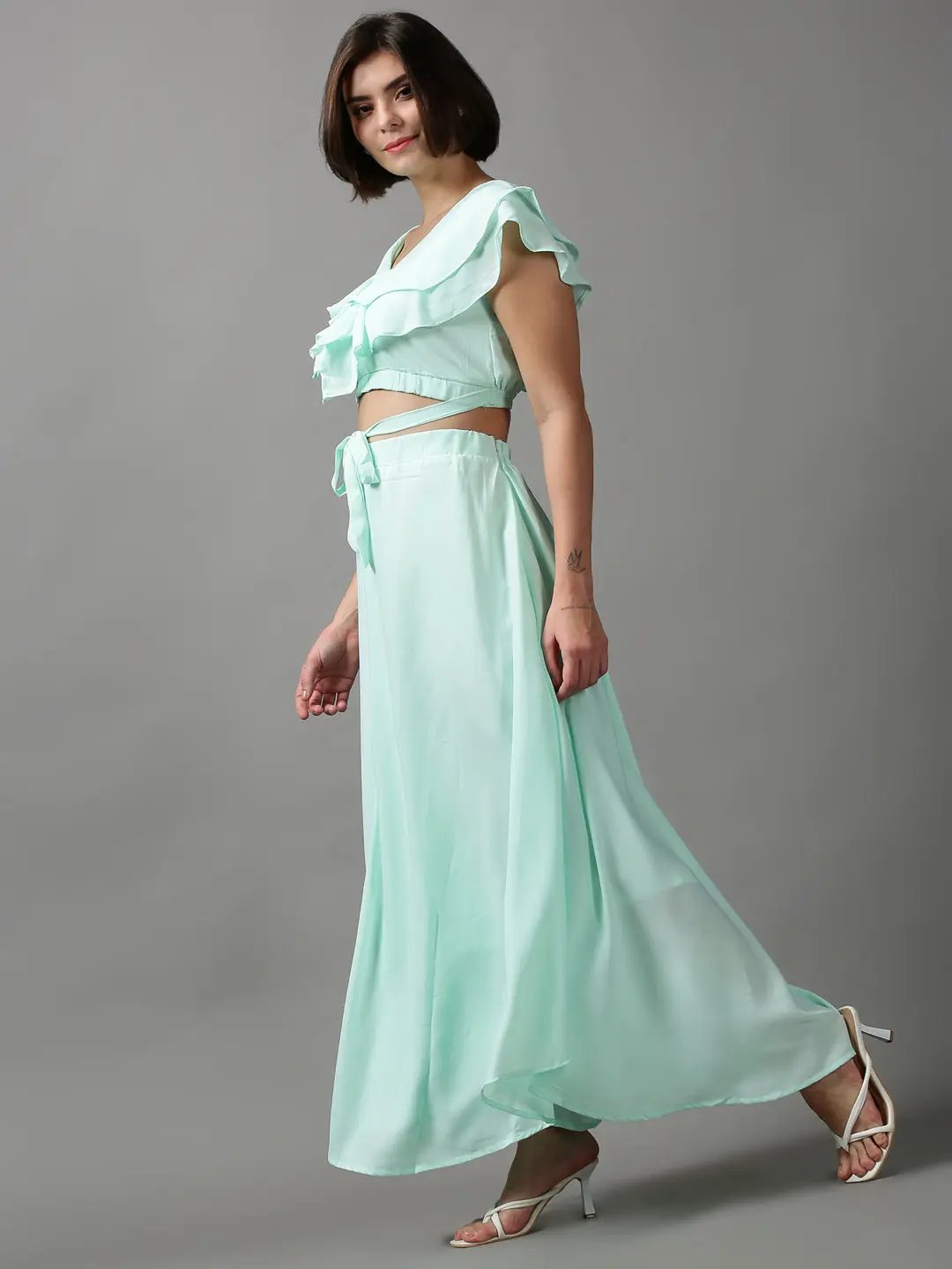 Women's Green Solid Crop-Top & Palazzo Co-Ords