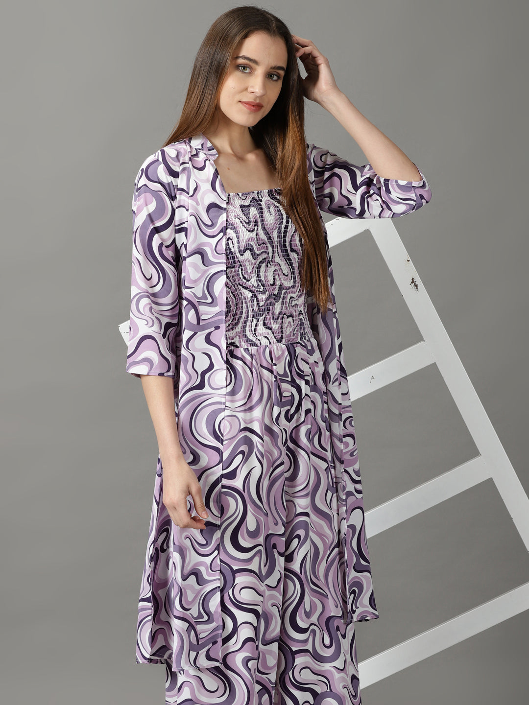 Women's Violet Printed Basic Jumpsuit With Over Coat