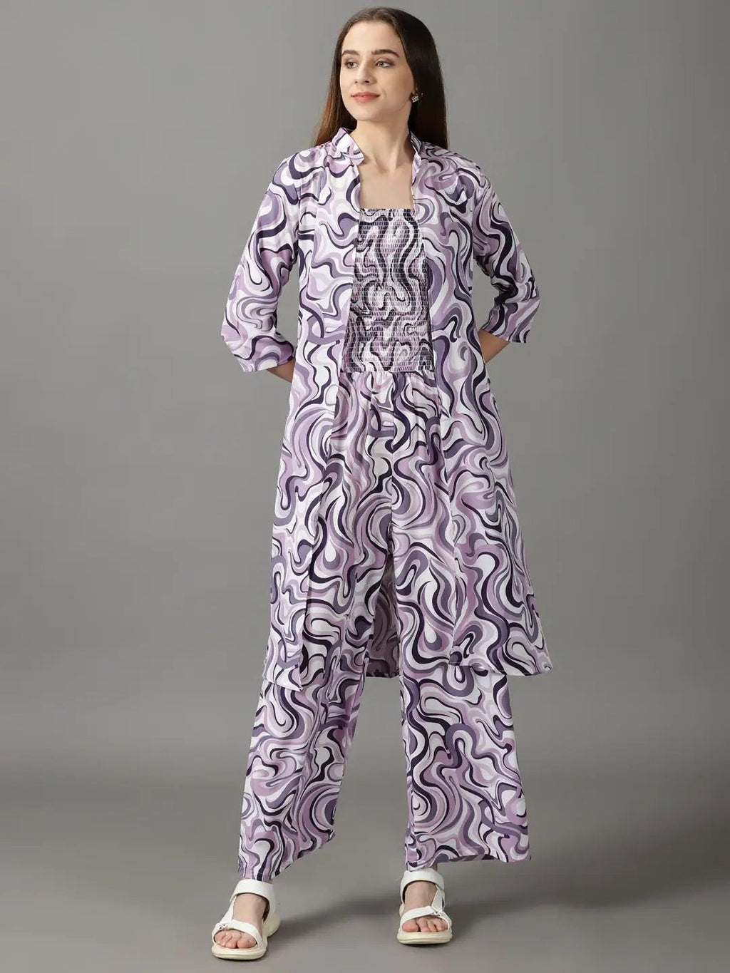 Women's Violet Printed Basic Jumpsuit With Over Coat
