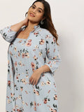 Women's Blue Floral Printed Smocked Basic Jumpsuit With Shrug