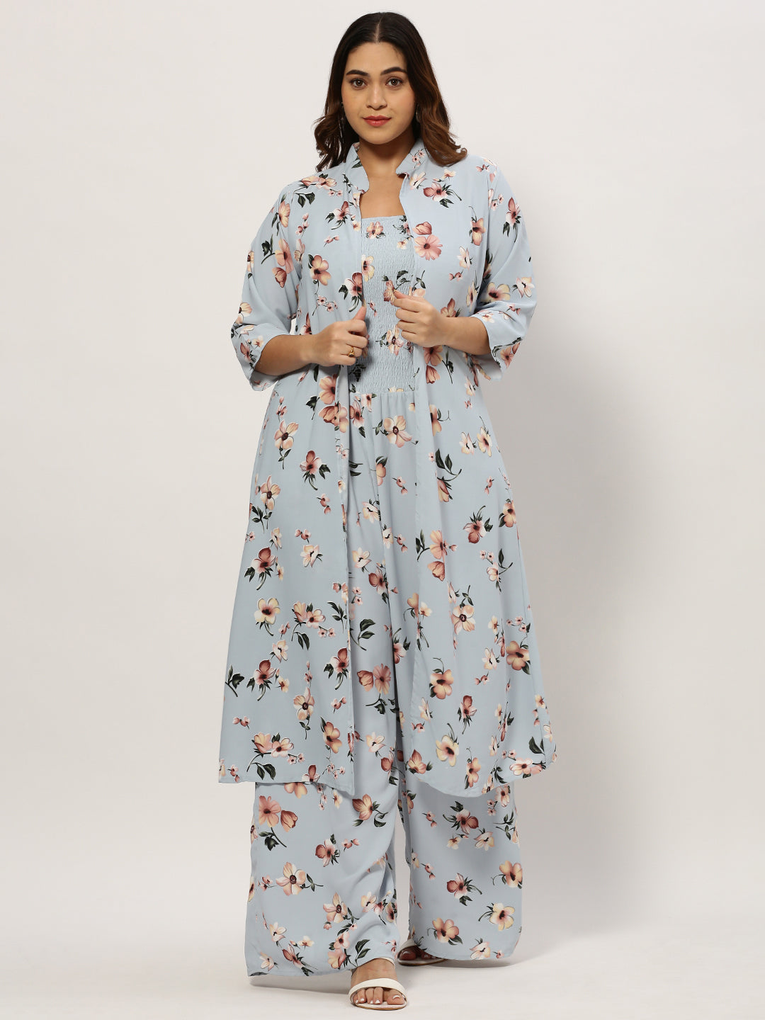 Women's Blue Floral Printed Smocked Basic Jumpsuit With Shrug